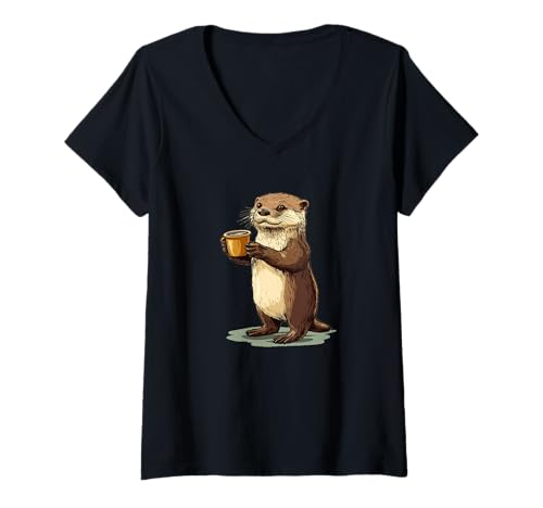 Damen Beginnen Sie Ihren Tag mit diesem kaffeeliebenden Otter-Outfit T-Shirt mit V-Ausschnitt von Otter Cup