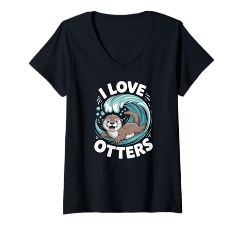 Damen Ich Liebe Otter, niedliche, entzückende Otter, lustige Wellen T-Shirt mit V-Ausschnitt von Otter Enthusiast Fun Water Playful Waves
