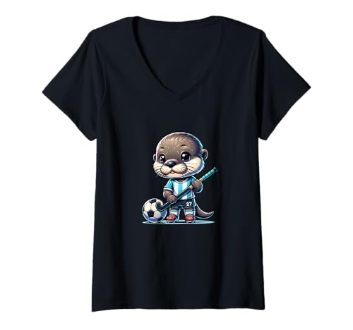 Damen Süßer Otter Mit Feldhockeyschläger Und Fußball 27 T-Shirt mit V-Ausschnitt Damen Süßer Otter Mit Feldhockeyschläger Und Fußball 27 T-Shirt mit V-Ausschnitt von Otter Feldhockey Fußball Nummer 27 Kinder Fans