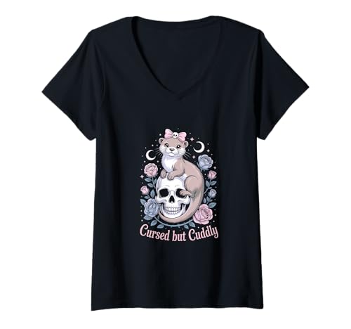 Damen Otter Gothic Schädel Pastell Schleife & Rosen T-Shirt mit V-Ausschnitt von Otter Floral horror dark witchy aesthetic.
