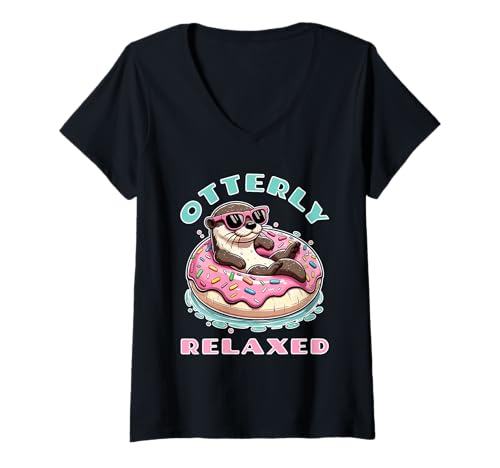Damen Otterly Relaxed Summer Vacation Pool Lustiges Otter Wortspiel T-Shirt mit V-Ausschnitt von Otter Gifts For Otter Lovers