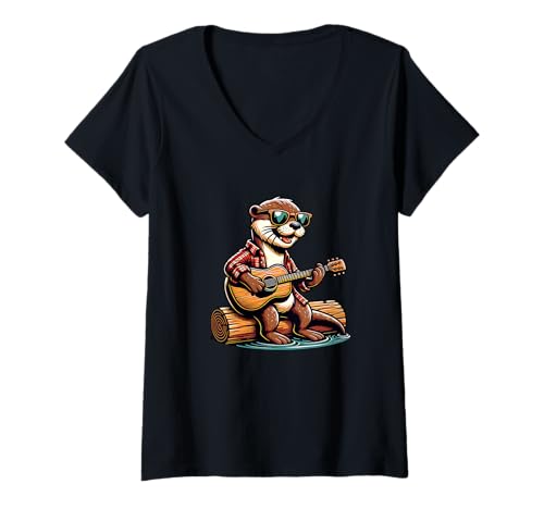 Damen Otter Gitarre Lagerfeuer Folk Musik Sonnenbrille T-Shirt mit V-Ausschnitt Damen Otter Gitarre Lagerfeuer Folk Musik Sonnenbrille T-Shirt mit V-Ausschnitt von Otter Gitarre Akustik Musik Lagerfeuer Fluss