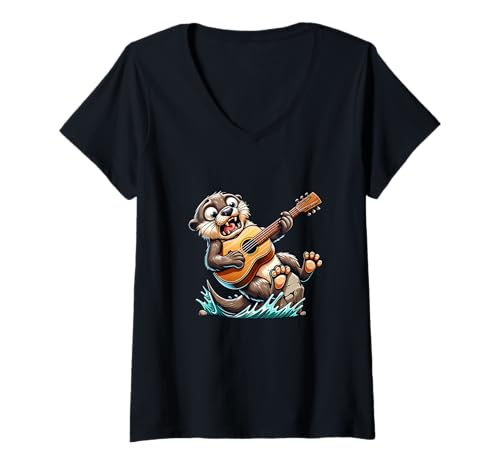 Damen Lustiger Otter Mit Gitarre Musik Cartoon Wasser T-Shirt mit V-Ausschnitt Damen Lustiger Otter Mit Gitarre Musik Cartoon Wasser T-Shirt mit V-Ausschnitt von Otter Gitarre Musik Lustig Cartoon Tier
