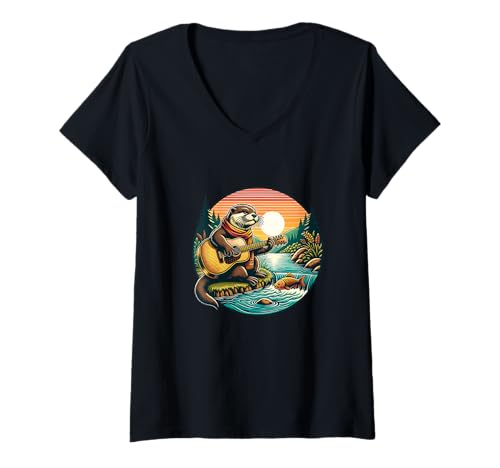 Damen Otter Mit Gitarre Am Fluss Sonnenuntergang Wald Musik T-Shirt mit V-Ausschnitt Damen Otter Mit Gitarre Am Fluss Sonnenuntergang Wald Musik T-Shirt mit V-Ausschnitt von Otter Gitarre Natur Wald Fluss Angeln Musik