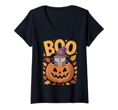 Damen Otter Kostüm auf Kürbis Halloween Otter T-Shirt mit V-Ausschnitt von Otter Halloween kids, women, men