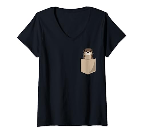 Damen Lustiger Otter In Brusttasche Print Wassermarder Marder T-Shirt mit V-Ausschnitt Damen Lustiger Otter In Brusttasche Print Wassermarder Marder T-Shirt mit V-Ausschnitt von Otter Marder Kollektion von JOHN ROMEO