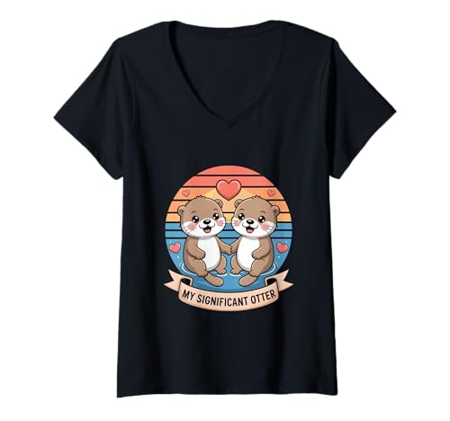 Damen Verliebte Otter My Significant Otter Pärchen Humor T-Shirt mit V-Ausschnitt Damen Verliebte Otter My Significant Otter Pärchen Humor T-Shirt mit V-Ausschnitt von Otter Paar Liebe Romantik Herz Pärchen Humor