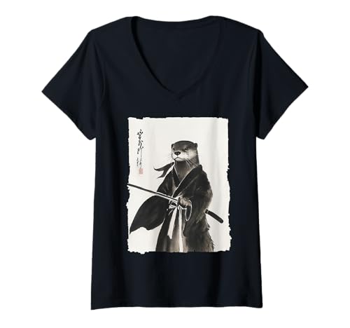 Damen Otter Samurai Janpanese Vintage Warrior Art Anime Grafik T-Shirt mit V-Ausschnitt Damen Otter Samurai Janpanese Vintage Warrior Art Anime Grafik T-Shirt mit V-Ausschnitt von Otter Samurai Apparel Gifts Graphic Tees