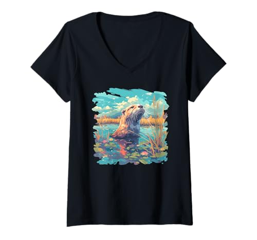 Damen Otter T-Shirt mit V-Ausschnitt Damen Otter T-Shirt mit V-Ausschnitt von Otter Tier Shop