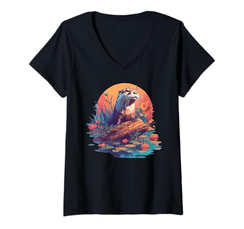 Damen Otter T-Shirt mit V-Ausschnitt von Otter Tier Shop