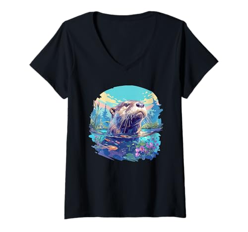 Damen Otter T-Shirt mit V-Ausschnitt Damen Otter T-Shirt mit V-Ausschnitt von Otter Tier Shop