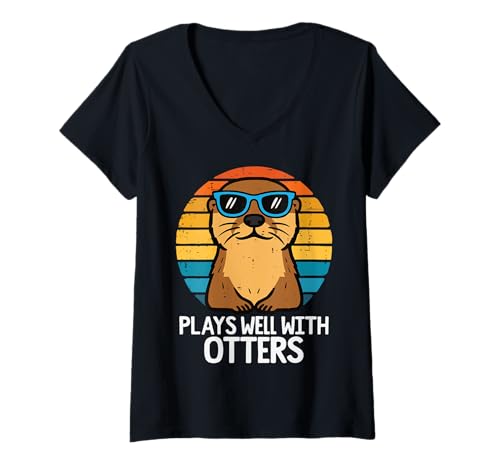 Damen Plays Well with Otters T-Shirt mit V-Ausschnitt Damen Plays Well with Otters T-Shirt mit V-Ausschnitt von Otter liebhaber Süß Seeotter