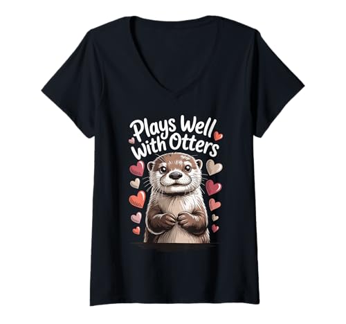 Damen Plays Well with Otters T-Shirt mit V-Ausschnitt Damen Plays Well with Otters T-Shirt mit V-Ausschnitt von Otter liebhaber Süß Seeotter