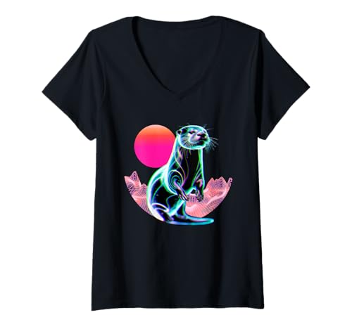 Damen Otter River Animal Glitch im Retro-Wellenstil T-Shirt mit V-Ausschnitt von OtterSynth