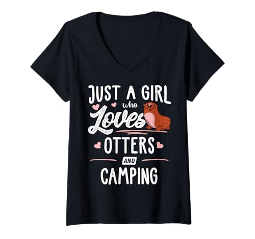 Damen Just A Girl Who Loves Otter and Camping, Geschenk für Damen T-Shirt mit V-Ausschnitt von Otters Memme