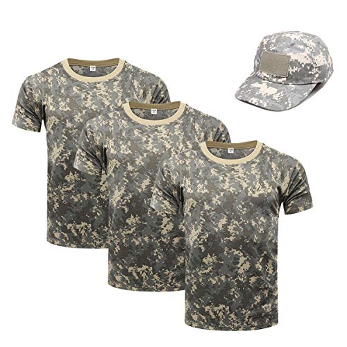 OttoBen Herren Damen Camo T Shirt & Baseballkappe 4 Teiliges Set, Atmungsaktiv Schnelltrocknend Kurzarm Rundhals Stretch Top, Outdoor Sports Laufen Trekking Angeln Jagd Shirts ACU L von OttoBen