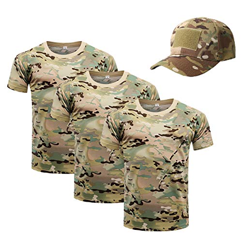 OttoBen Herren Damen Camo T Shirt & Baseballkappe 4 Teiliges Set, Atmungsaktiv Schnelltrocknend Kurzarm Rundhals Stretch Top, Outdoor Sports Laufen Trekking Angeln Jagd Shirts CP 3XL von OttoBen