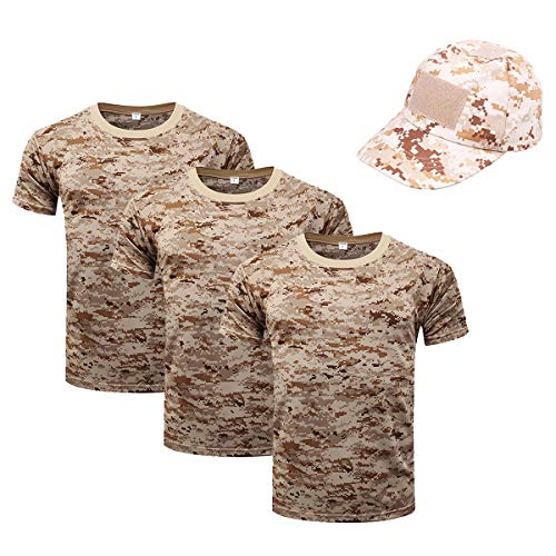 OttoBen Herren Damen Camo T Shirt & Baseballkappe 4 Teiliges Set, Atmungsaktiv Schnelltrocknend Kurzarm Rundhals Stretch Top, Outdoor Sports Laufen Trekking Angeln Jagd Shirts Digitale Wüste L von OttoBen