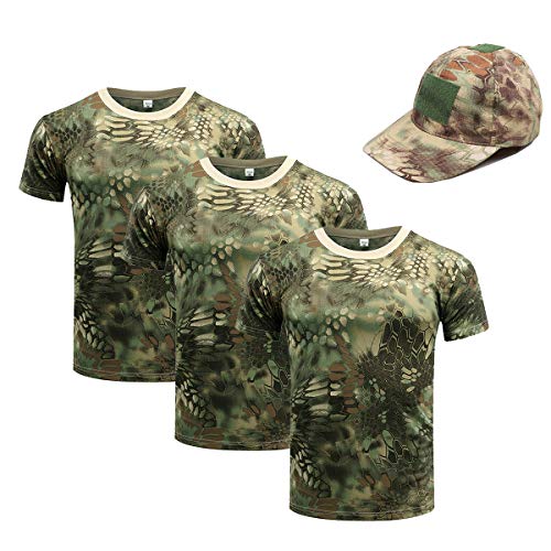 OttoBen Herren Damen Camo T Shirt & Baseballkappe 4 Teiliges Set, Atmungsaktiv Schnelltrocknend Kurzarm Rundhals Stretch Top, Outdoor Sports Laufen Trekking Angeln Jagd Shirts Grüne Python XL von OttoBen