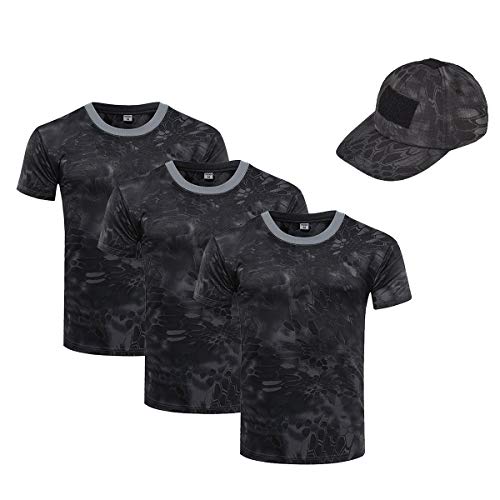 OttoBen Herren Damen Camo T Shirt & Baseballkappe 4 Teiliges Set, Atmungsaktiv Schnelltrocknend Kurzarm Rundhals Stretch Top, Outdoor Sports Laufen Trekking Angeln Jagd Shirts Schwarzer Python XL von OttoBen