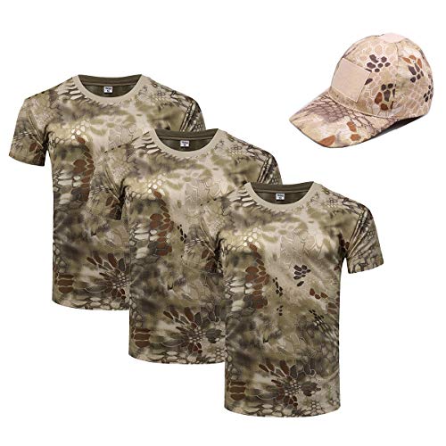 OttoBen Herren Damen Camo T Shirt & Baseballkappe 4 Teiliges Set, Atmungsaktiv Schnelltrocknend Kurzarm Rundhals Stretch Top, Outdoor Sports Laufen Trekking Angeln Jagd Shirts Wüsten Python 3XL von OttoBen