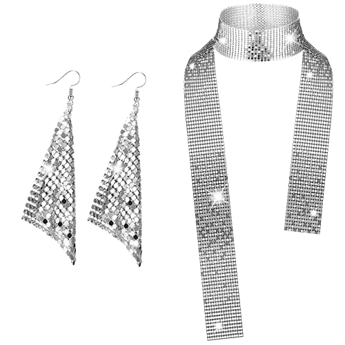 Otuuz Karneval 1970er Disco Accessoires 2 Kit Damen Schmuck Set Glänzende 70er Pailletten Quaste Ohrringe Silber Pailletten Schal Metall Ohrringe Halskette für Party Fest Kostüm Zubehör von Otuuz