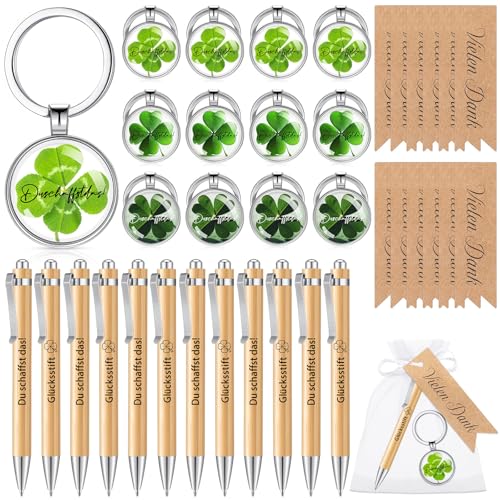 Otuuz 12 Sets Dankeschön Geschenke für Kollegen Glücksbringer Kleeblatt Schlüsselanhänger Inspirierende Kugelschreiber Danke Geschenkanhänger Organzabeutel Weihnachten Abschiedsgeschenk für Jobwechsel von Otuuz