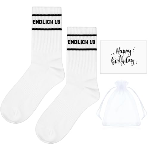 Otuuz 3 Stück Geschenk zum 18. Geburtstag Set Socken Endlich 18. Geburtstagskarte Lustig Socken Geschenkideen Geburtstagssocken Geburtstagsgeschenk für Junge Mädchen Freundin(Weiß, Schwarz) von Otuuz