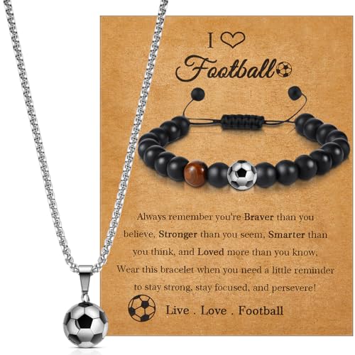 Otuuz 2 Stück Fußball Geschenke für Jungen inklusive Fußball Edelstahl Halskette und Armband mit Karte Fußball Jungen Schmuck mit Kette für Teenager Mädchen Sohn Enkel Neffe Geburtstag (Klassisch) von Otuuz