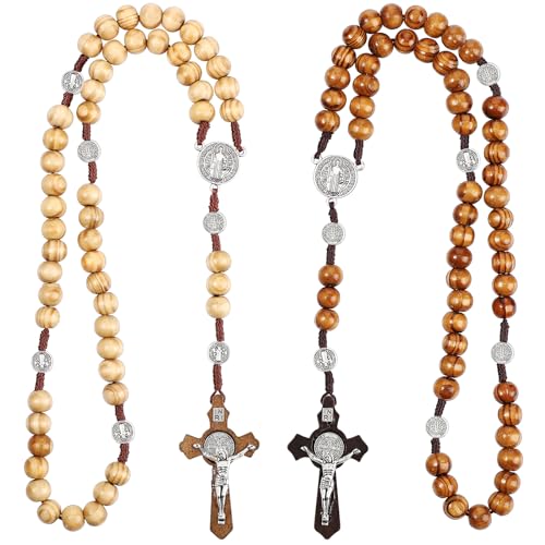 Otuuz 2 Stück Holz Rosenkranz Ketten Katholischer Rosenkranz Jesus Kreuz Kette Handgemachter Kreuz Religion Schmuck Handgehalten Gebetskette für Kommunion Taufe Konfirmation Auto von Otuuz