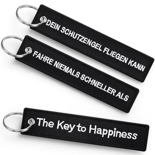 Otuuz 2 Stück Motorrad Schlüsselanhänger Stoff 13 x 3 cm Schwarz Moped Glücksbringer Motorrad Anhänger mit Gravur Fahre Niemals Schneller Als Dein Schutzengel Fliegen Kann für Roller Motocross Auto von Otuuz