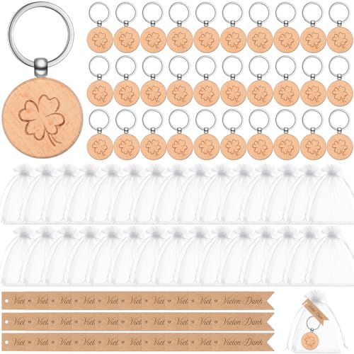 Otuuz 30 Sets Dankeschön Geschenkset für Kollegen Vierblättrige Kleeblatt Holz Schlüsselanhänger mit Geschenkanhänger Organzasäckchen Viel Glück Geschenk Danke Geschenk Glücksbringer für Weihnachten von Otuuz