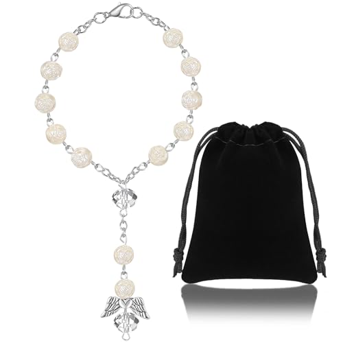 Otuuz Auto Rosenkranz zum Schutzengel Anhänger Geschenkbeutel aus Samt Weißer Rosenkranz Männer und Frauen Kurze Auto Rosenkranz Perlen Geschenkidee für Autofahrer Hängende Verzierung von Otuuz