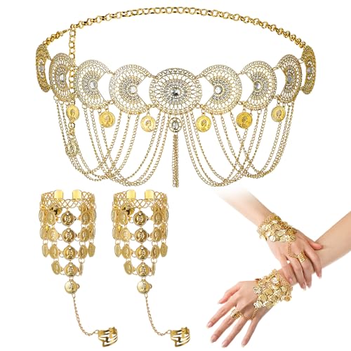 Otuuz Bauchtanz Schmuck Set Inklusive Bauchtanz Taillengürtel Und Armbänder Taillengürtel mit Quasten Goldfarbene Bauchkette mit Metallkörper Zigeunerschmuck Goldmünze Armbänder für Auftritte von Otuuz