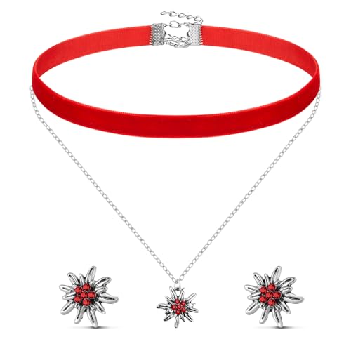 Otuuz Damen Trachtenschmuck Set Edelweiß Halskette Ohrstecker Trachtenkette mit Strass Edelweiß Doppelte Halskette Bayerisch Dirndlschmuck für Bierfest Trachten Dirndl Outfit Accessoires(Rot) von Otuuz