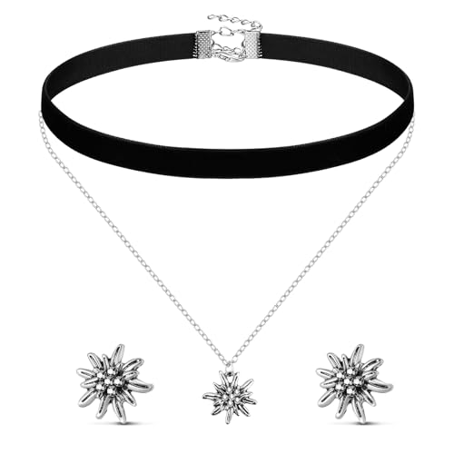 Otuuz Damen Trachtenschmuck Set Edelweiß Halskette Ohrstecker Trachtenkette mit Strass Edelweiß Doppelte Halskette Bayerisch Dirndlschmuck für Bierfest Trachten Dirndl Outfit Accessoires(Schwarz) von Otuuz