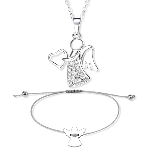 Otuuz Engel Schmuck Set Silber Damen Halskette mit Engel und Herz Anhänger Verstellbares Schutzengel Armband für Frauen Mädchen Geburtstag Weihnachten Freund Freundschaft Glücksbringer Geschenk von Otuuz