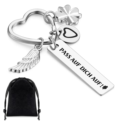 Otuuz Schlüsselanhänger Pass auf Dich Auf vierblättriges Kleeblatt Flügel Herz Glücksbringer Schlüsselanhänger Autoschlüsselring Geschenke zum Führerschein Geburtstag Weihnachten Abschiedsgeschenk von Otuuz