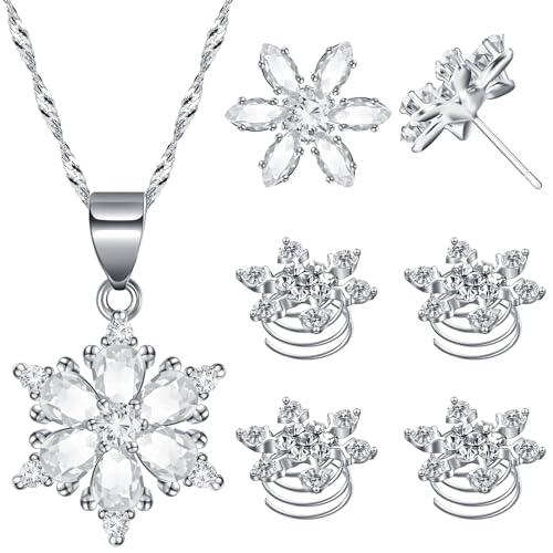 Otuuz Winter Schneeflocken Schmuck Set Schneeflocke Halskette für Damen Schneeflocken Ohrstecker 4 Kristall Spiral Haarnadeln für Frauen Brautjungfern Mädchen von Otuuz