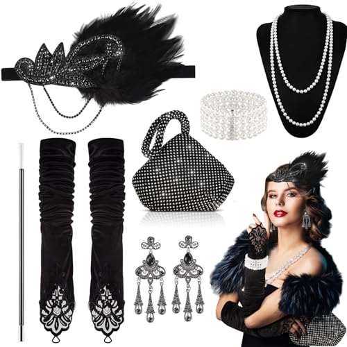 9 Stück 1920er Kleider Jahre Kostüm Damen Set, Faschingskostüme Damen Gatsby Jahre Accessoires Zeitreise Zubehör Retro Inklusive Stirnband Halskette Handschuhe Ohrringe Handheld-Requisiten (Schwarz 1) von OuMaiFeng