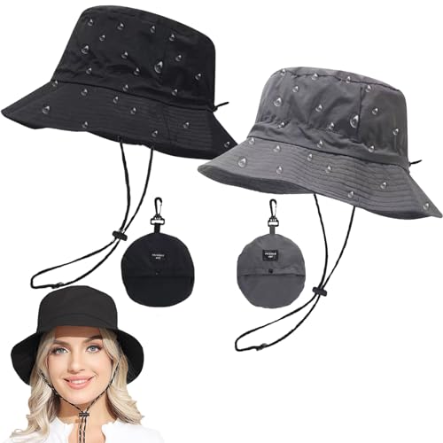 OuMaiFeng 2 Stück Fischerhüte Damen Herren Wasserdicht, Sonnenhut Regenhut Bucket Hat, Anglerhut Faltbar Fischerhut Anglerhut für Sommermütze Herbst Camping Reisen Wandern (Polyester, Schwarz + Grau) von OuMaiFeng