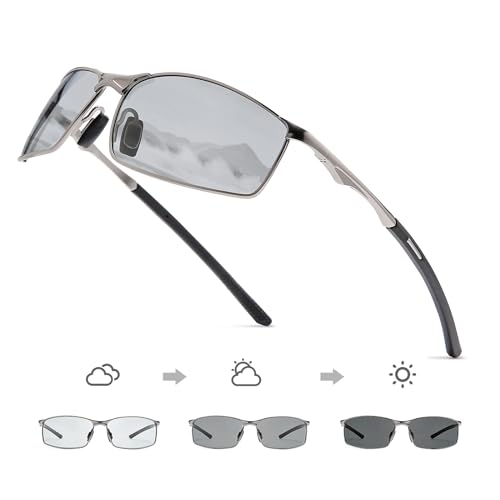 OuShiun Herren Sportbrille Polarisierte Sonnenbrille für Outdoor Metallrahmen UV Schutz Fahren Angeln Radfahren Laufen Fahrer Brille(Metall Grau Gestell Photochrom Linse) von OuShiun