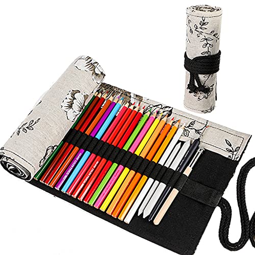 Leinwand Pencil Wrap, Ouceanwin 72 Löcher Leinwand Stifterolle Pencil Wrap Roll up Holder, Tragbar Tasche Federmappe Schlamperrolle Reise Stiftehalter Mäppchen Bleistiftkasten für Künstler Schule Büro von Ouceanwin