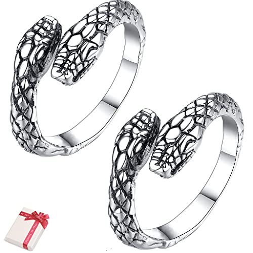 Ouceanwin 2 Stücke Schlange Ring Silber, Punk Schlange Ring Öffnen Vintage Schlangenring Silber Verstellbar Gothic Snake Ring Edelstahl Fingerring Schmuck für Männer Herren Frauen Unisex von Ouceanwin