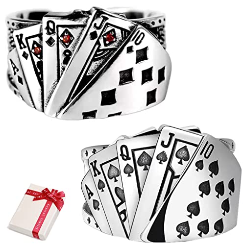 Ouceanwin 2 Stücke Vintage Chunky Statement Ring Silber, Pokerkarte Bündig Bandring Öffnen Verstellbar Punk Ring Schmuck für Damen Herren von Ouceanwin