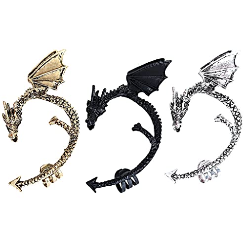 Ouceanwin 3 Stücke Drachen Ohrstecker Set, Vintage Drachen Ohrklemme Punk Gothic Ohrringe Drachen Edelstahl Retro Drachen Schmuck für Männer Frauen Unisex (Gold Schwarz Silber) von Ouceanwin