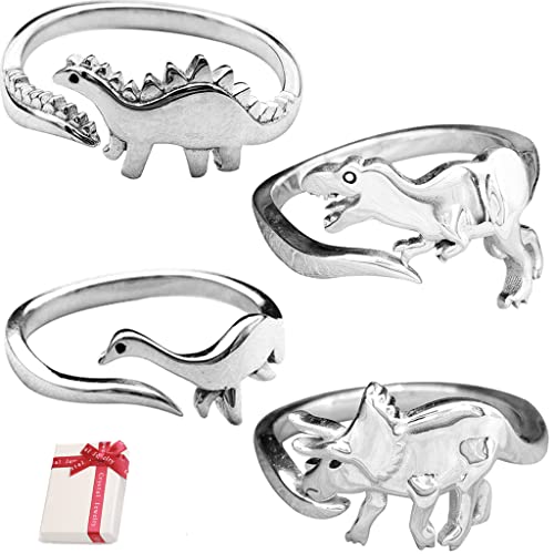 Ouceanwin 4 Stück Dinosaurier Ring Offen Silber Set, Verstellbar Gothic Ringe Offene Punk Dino Schmuck Vintage Ring Dinosaurier Finger Ring Schmuck für Frauen Männer von Ouceanwin