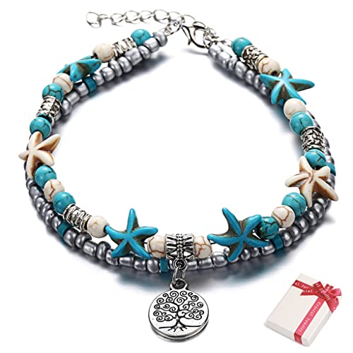 Ouceanwin Boho Türkis Fußkette Damen, Verstellbar Geschichtete Fußkettchen Lebensbaum Anhänger Mehrschichtige Knöchel Schmuck Charm Sandstrand Fußschmuck Boho für Frauen Mädchen von Ouceanwin