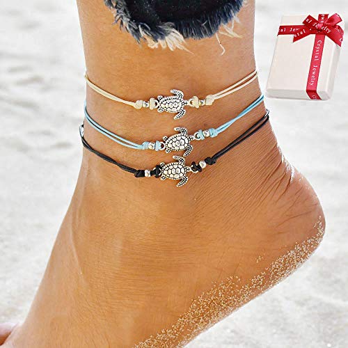 Ouceanwin Boho Turtle Fußkette Damen Fußbändchen Schildkröte, 3 Stück Fußkette Lederband Mode Knöchel Armband Perlen Verstellbar Charm Fußband Handmade Schmuck für Frauen und Mädchen von Ouceanwin
