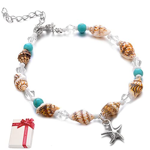 Ouceanwin Fußkette Muschel Damen Fußkettchen Seestern Türkis Set, Fußkettchen Boho Schmuck Knöchel Armband Verstellbar Knöchelkette Strand Fußschmuck Natürliche für Frauen Mädchen von Ouceanwin